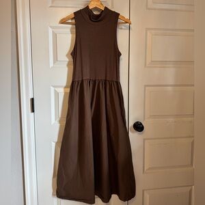 Sleeveless Mock Neck Brown Midi Dress